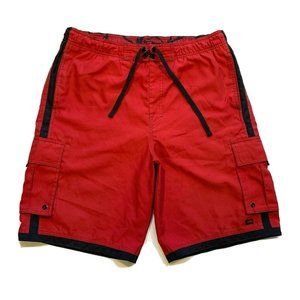 Hawk Cargo Swim Trunks Board Shorts Mens Large Built-In-Brief‎ Long Pockets Red